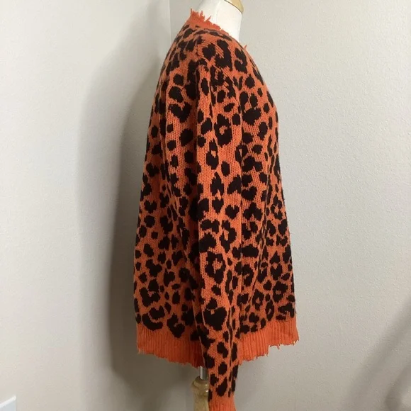R13 Cashmere Sweater Orange Black Leopard Oversized Lg - Picture 3 of 12